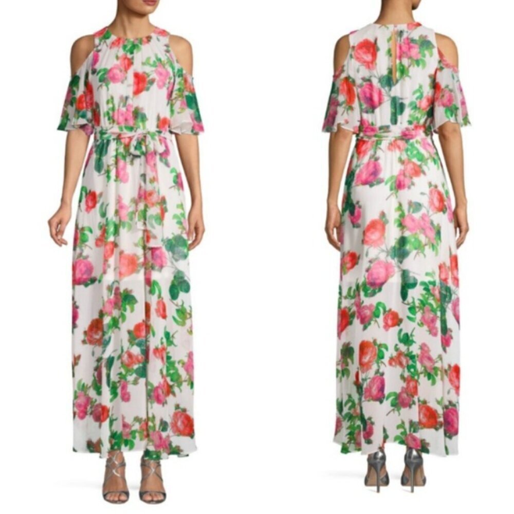 NWT Calvin Klein Maxi Dress Floral Cold Shoulder Flowy Chiffon Romantic Size 6